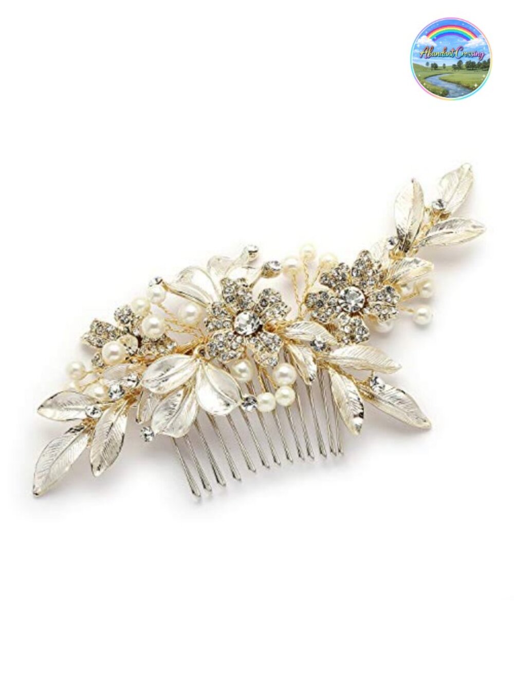 Gold Bridal Hair Comb with Hand Painted Silvery-Golden Leaves & Pave Crystals